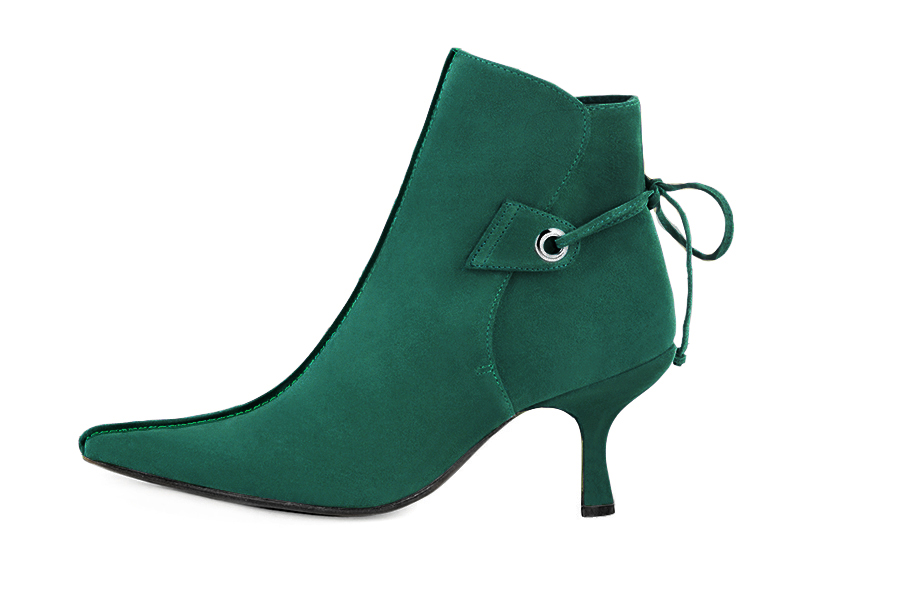 Emerald green women's ankle boots with laces at the back. Pointed toe. High slim heel. Profile view - Florence KOOIJMAN